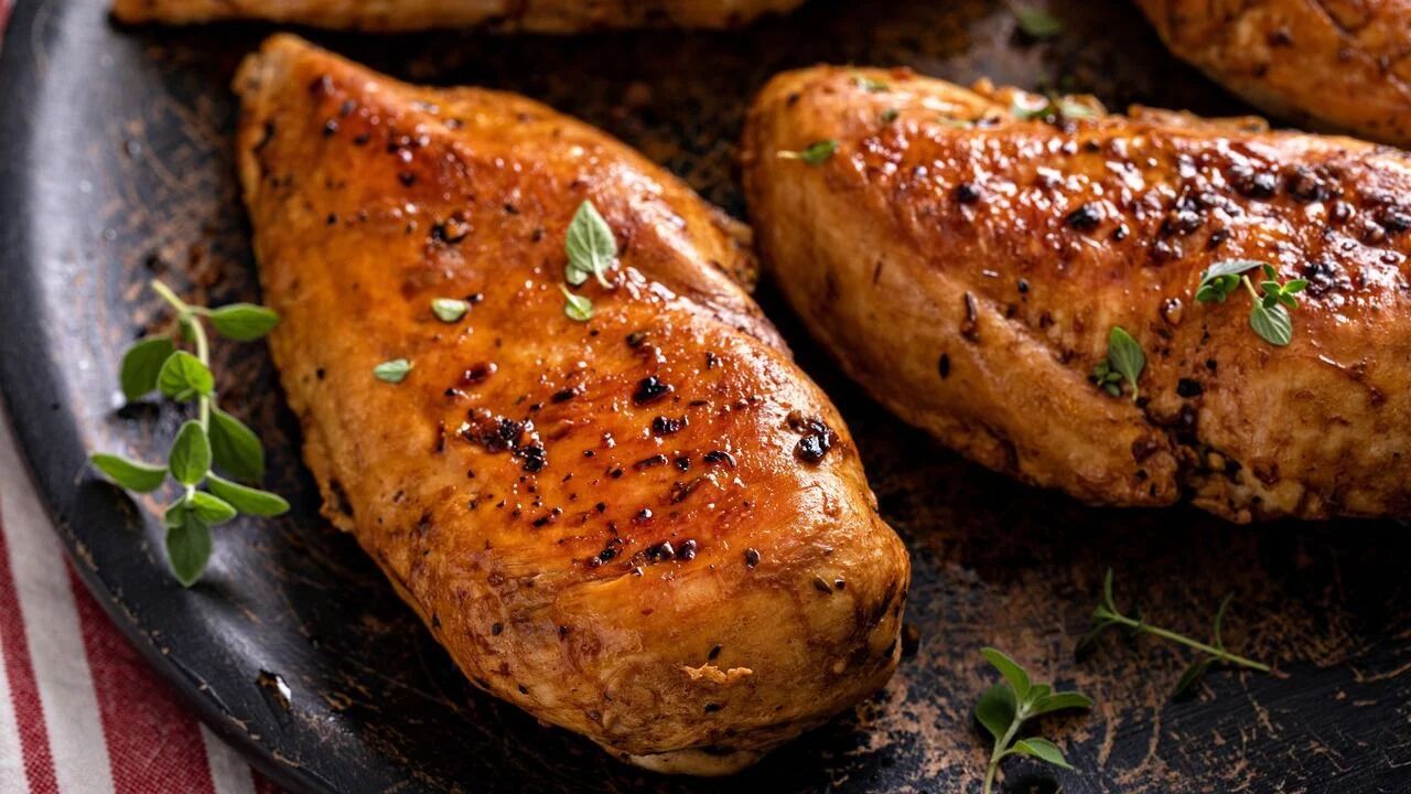 A plate of cooked chicken breasts.