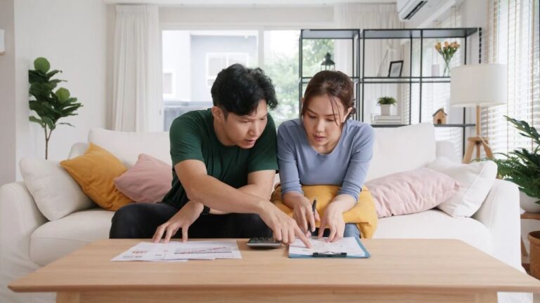 A young couple talking about finances together.