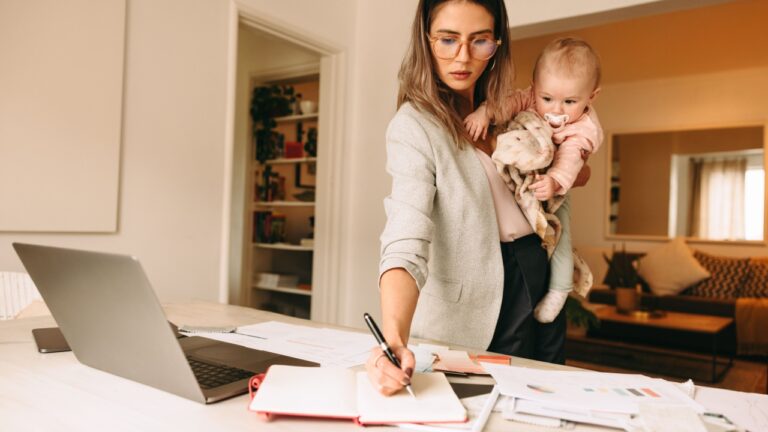 mother working from home with baby