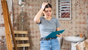 Portrait of frustrated young woman designer standing inside construction site, holding project documentation