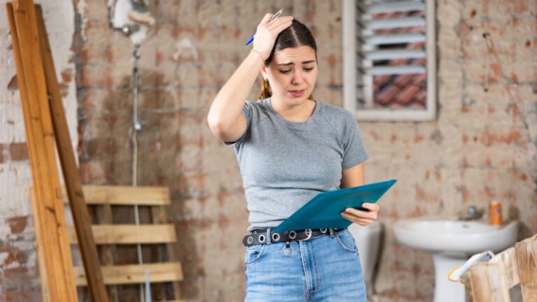 Portrait of frustrated young woman designer standing inside construction site, holding project documentation